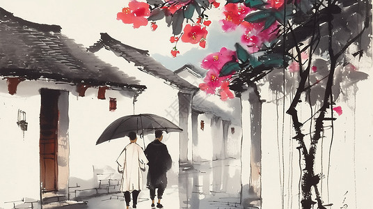 老北京胡同两个打着雨伞的卡通人物背影走在村庄里胡同中插画