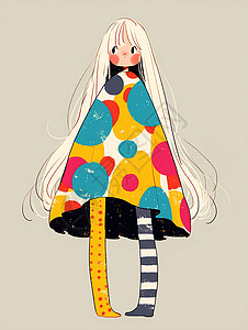 点状组成的圈圈长发可爱的卡通小女孩穿着彩色圈圈卡通斗篷插画