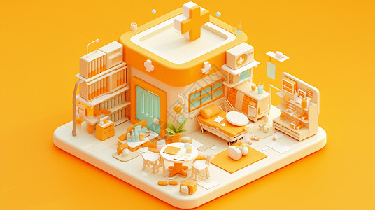 橙色3D立体可爱的卡通小房子插画