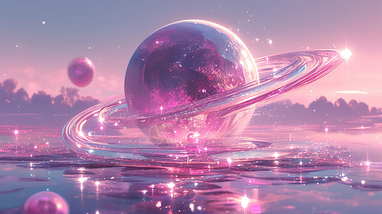 梦幻水晶球水中梦幻透明的粉色卡通星球插画