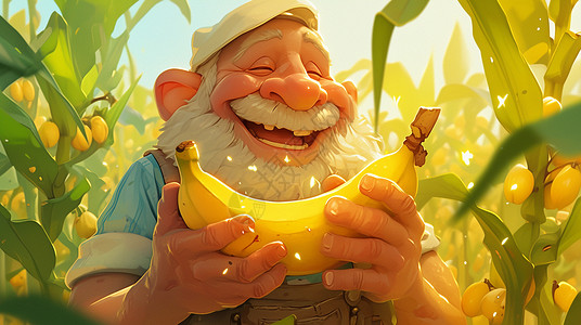捧着香蕉的白胡子卡通老爷爷背景图片