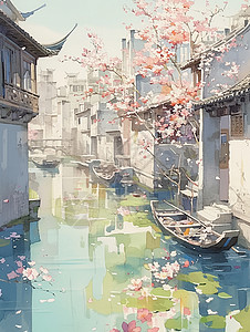 粉色桃花的古风卡通水镇高清图片