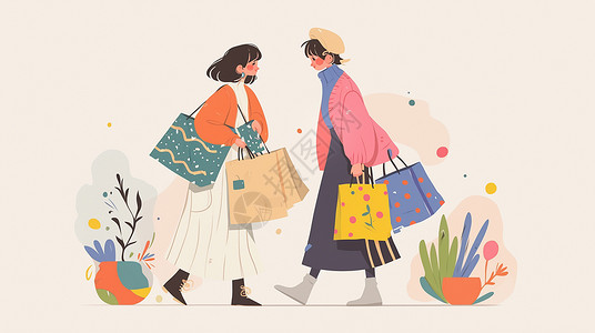 逛街的女孩两个手提很多购物袋的卡通年轻女孩在一起逛街走路插画
