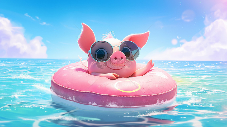 戴着墨镜的在游泳圈里休闲度假的小猪图片