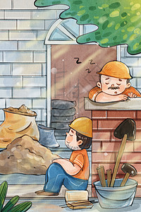 外国装修工人手绘水彩劳动节之工人睡午觉场景插画插画