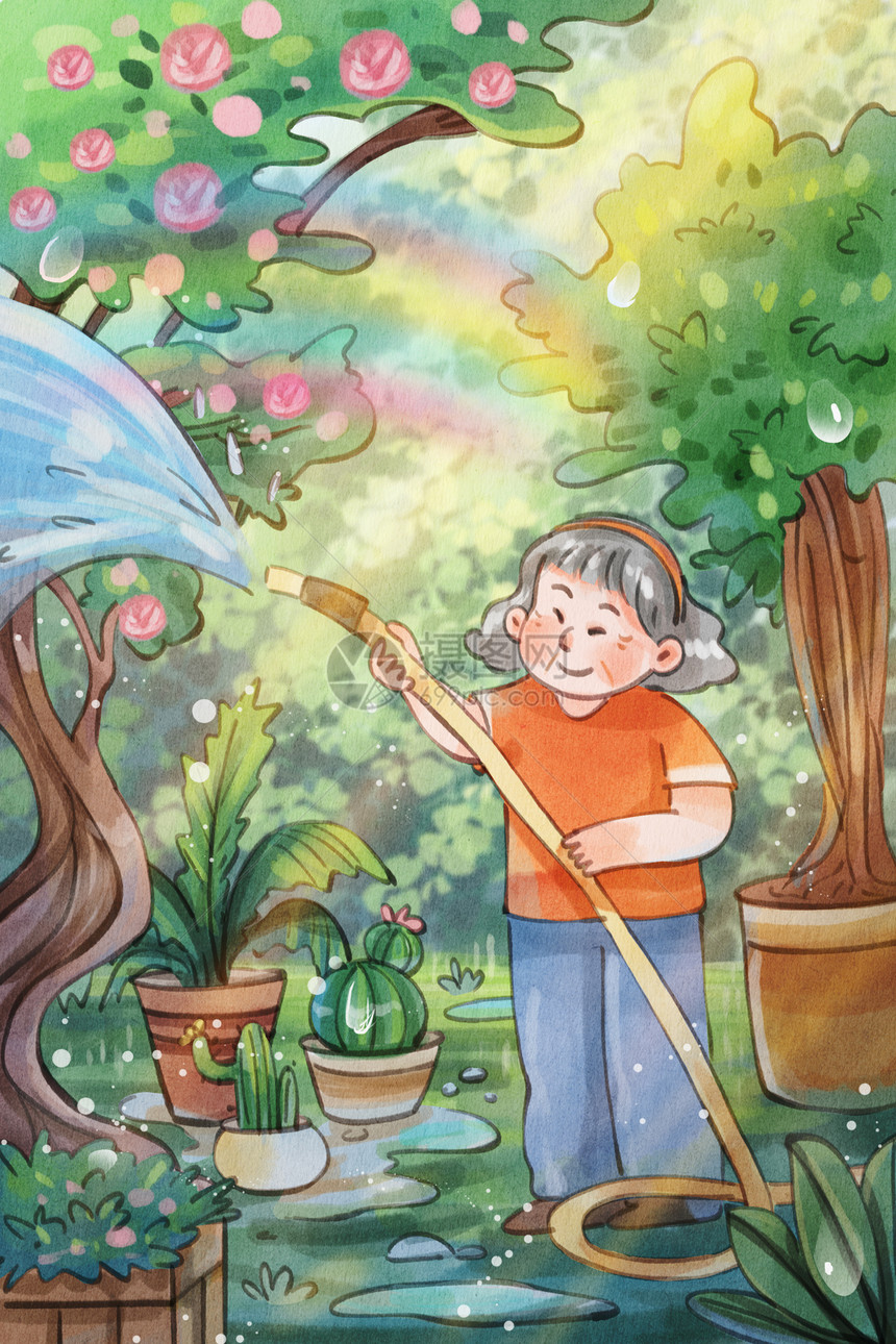 手绘水彩退休生活之老奶奶浇花场景插画图片