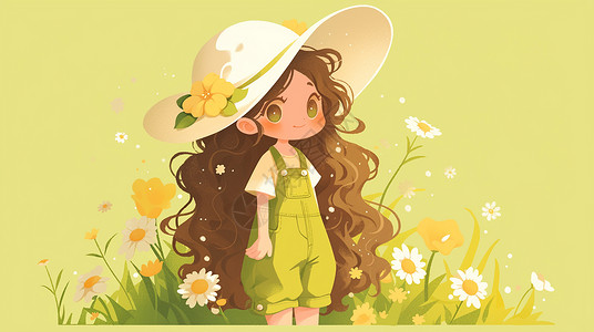 卷发女孩身穿背带裤戴着遮阳帽的可爱卷发卡通小女孩插画