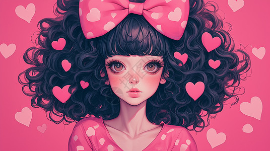 粉色爱心蝴蝶结头上戴着粉色蝴蝶结的卷发可爱卡通小女孩身旁有很多爱心插画