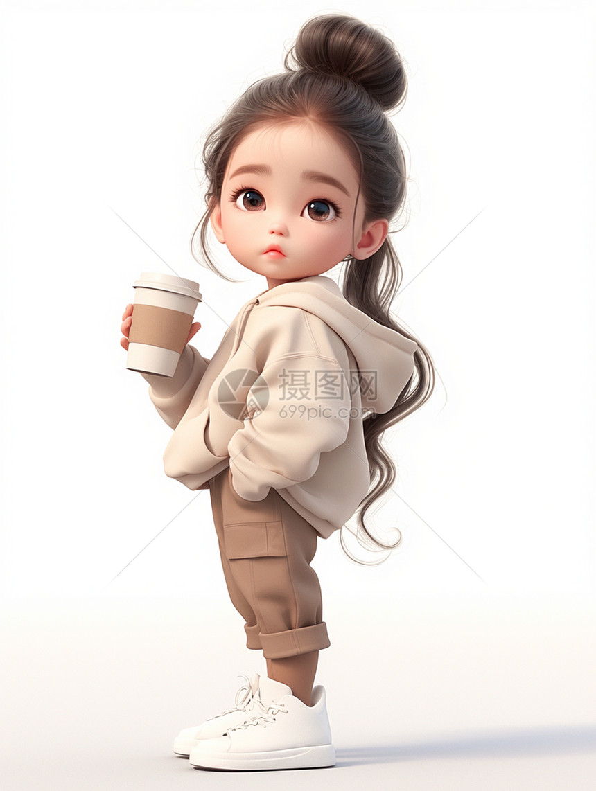 手端着咖啡穿着暖色时尚套装的女孩图片