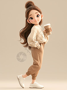 白色鞋子手端着咖啡穿着暖色时尚套装的女孩插画