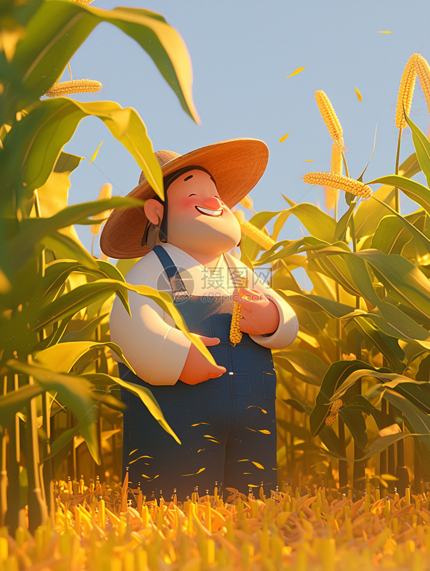 戴着草帽在玉米地中的农民卡通老伯伯图片