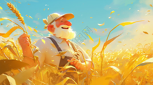麦子地中的白胡子卡通农民伯伯背景图片