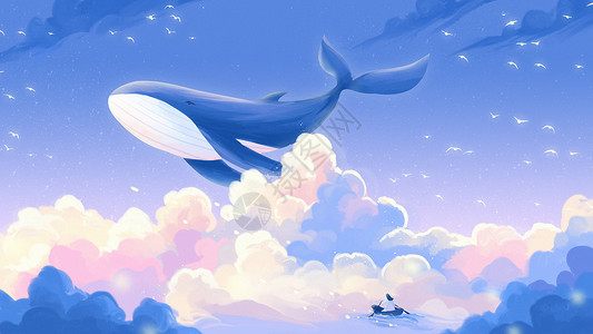 云牌照唯美小清新天空寻找鲸鱼的少女插画