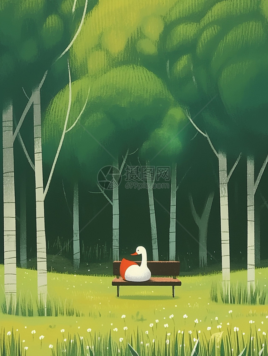绿色森林中的长椅上可爱的卡通小鸭子图片