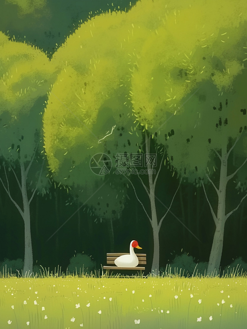 绿色森林中的可爱的卡通小鸭子图片