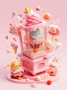 榴莲冰激凌粉色可爱的立体卡通冰激凌贩卖机插画