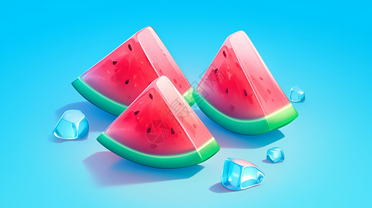 蓝色冰块群夏日清凉美味的卡通西瓜插画