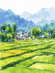 大山村庄素材美丽的田野中一片卡通小村庄插画