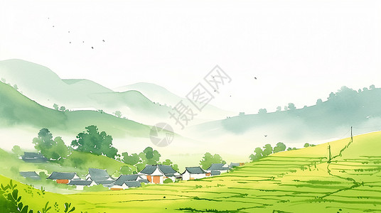 春天野外唯美的卡通小村庄背景图片