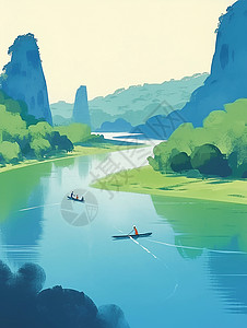 春天青山环绕着绿水唯美卡通风景画背景图片
