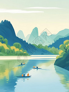 春天青山环绕着绿水卡通风景画背景图片