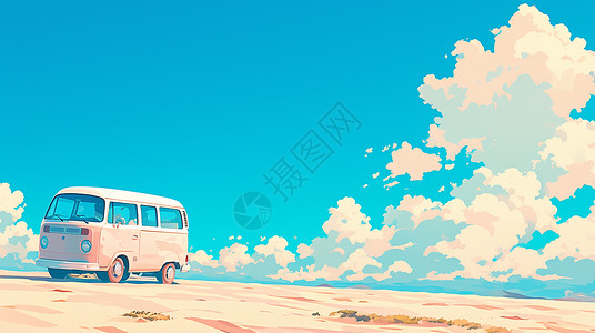 海边的汽车天空下停在金黄色土地上的一辆皮粉色卡通露营车插画
