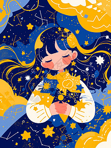 黄色的星星梦幻夜晚可爱的卡通小女孩与黄色卡通星星插画