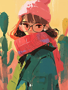黑与红戴黑框眼镜围着红色围巾的可爱卡通女孩站在仙人掌旁插画