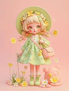 绿色3D身穿绿色连衣裙身上背着小挎包的可爱卡通小女孩插画
