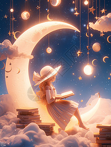 坐在发光的月亮上认真看书的可爱卡通小女孩图片素材