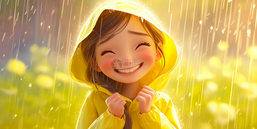 雨中穿着黄色雨衣开心笑的立体可爱卡通小女孩图片
