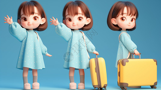波点蓝色身穿波点上衣拉着黄色手提箱的可爱卡通小女孩插画