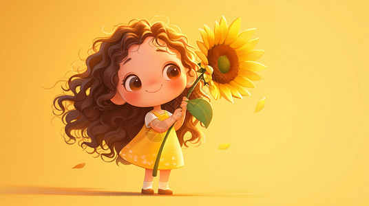 抱着一棵向日葵卷发可爱的卡通小女孩高清图片