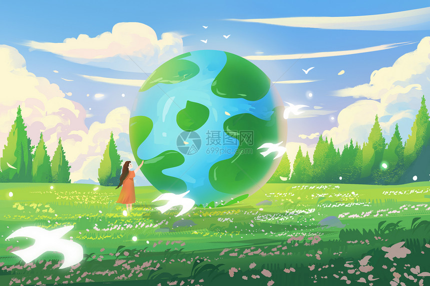 手绘世界地球日之地球草地花朵唯美治愈风景插画图片