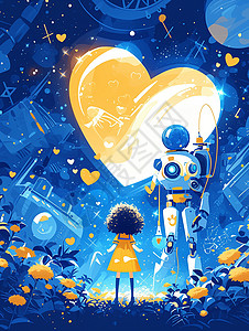 穿黄色连衣裙的可爱小女孩太空主题插画背景图片