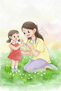 女儿给妈妈鲜花卡通绘本风母亲节插画