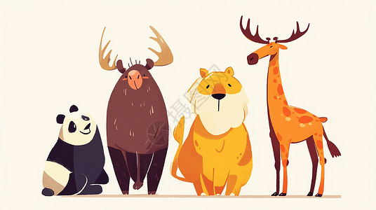 疯狂动物园几只可爱的扁平风卡通小动物插画
