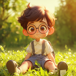 坐着看书男孩坐在草地上休息的可爱卡通小男孩插画