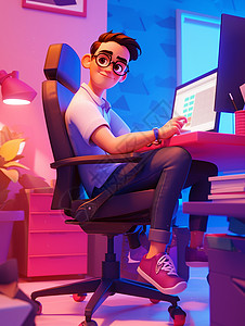 坐在电脑桌前一个戴着眼镜的卡通男人在工作高清图片