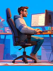 一个戴着眼镜的卡通男人 坐在电脑桌前在工作插画