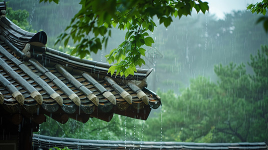 雨春天雨中唯美清新的古风屋顶插画