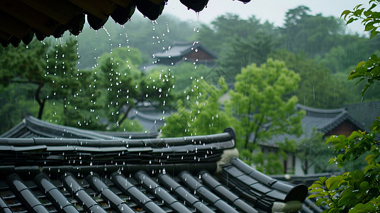 唯美寒露节气大雨中唯美的古风屋檐在流水背景