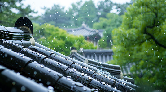 谷雨节日海报大雨中古风屋檐在流水背景