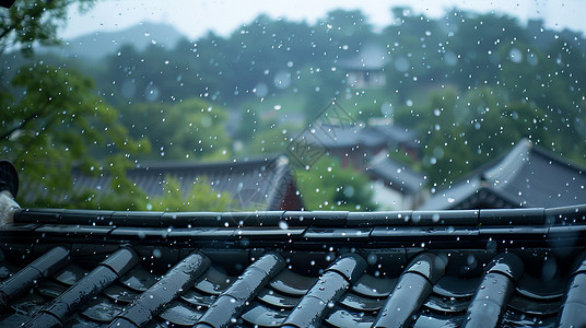 谷雨下雨大雨中唯美的屋檐在流水背景