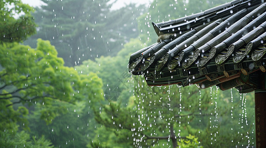 大节气古风唯美的屋顶在大雨中插画