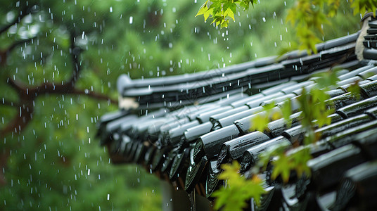 白墙青瓦古风屋顶在大雨中插画