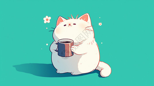 喝咖啡小猫肥胖可爱的卡通小白猫在喝咖啡插画