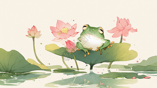 在荷花塘中一只可爱的青蛙背景图片