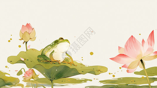 在荷花塘中可爱的卡通小青蛙背景图片