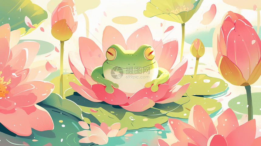 一只可爱的卡通小青蛙趴在粉色花丛中图片